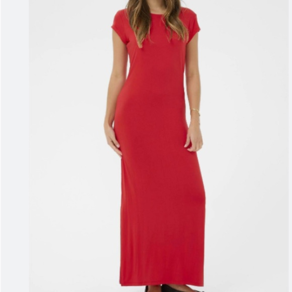 Burnt Orange sleeveless maxi TShirt summer dress Red Cap-Sleeve side slits Dress
